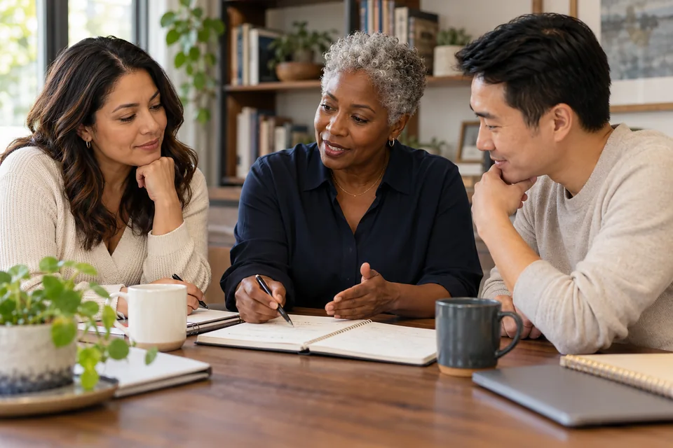 Three business owners learning together around a notebook