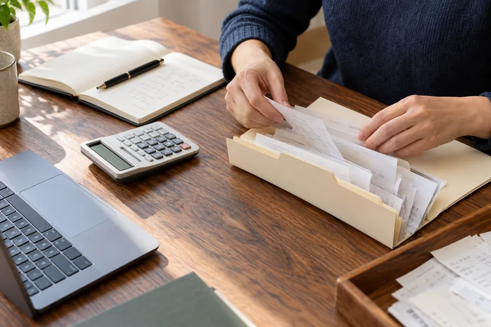 Organized receipts, a notebook, and a calculator on a business owner’s desk
