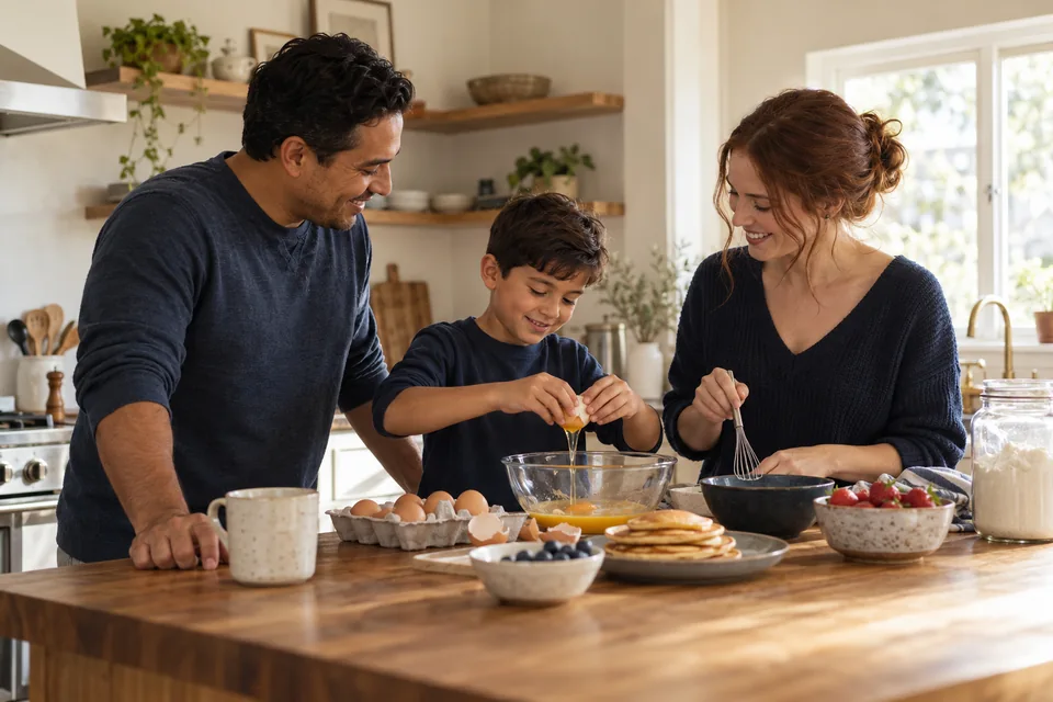 Parents and their child sharing a relaxed breakfast at home