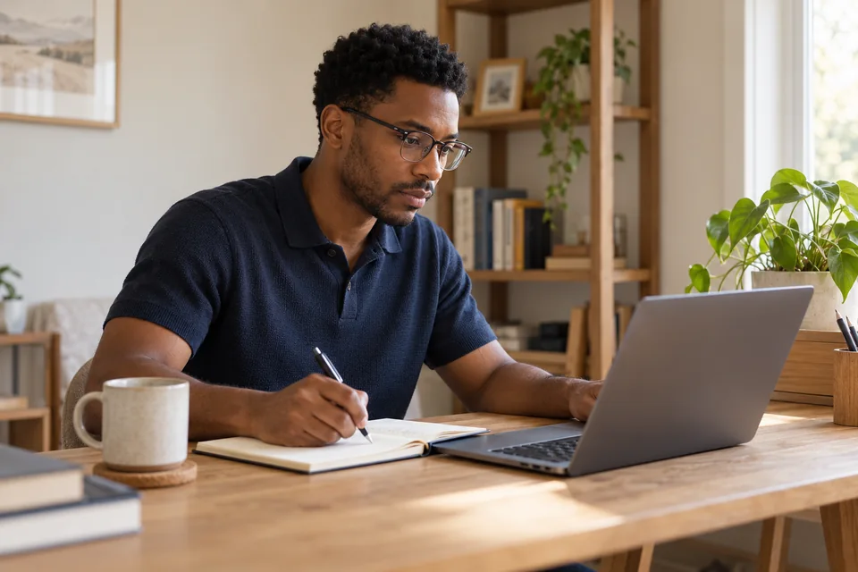 An entrepreneur working at a home desk with a laptop and notebook