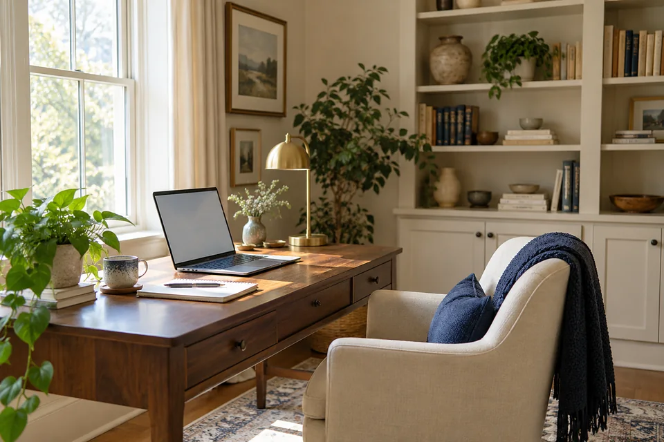 A sunlit home office with a walnut desk, notebook, laptop, and built-in bookshelves
