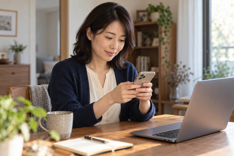 A woman reviewing her phone with her laptop nearby