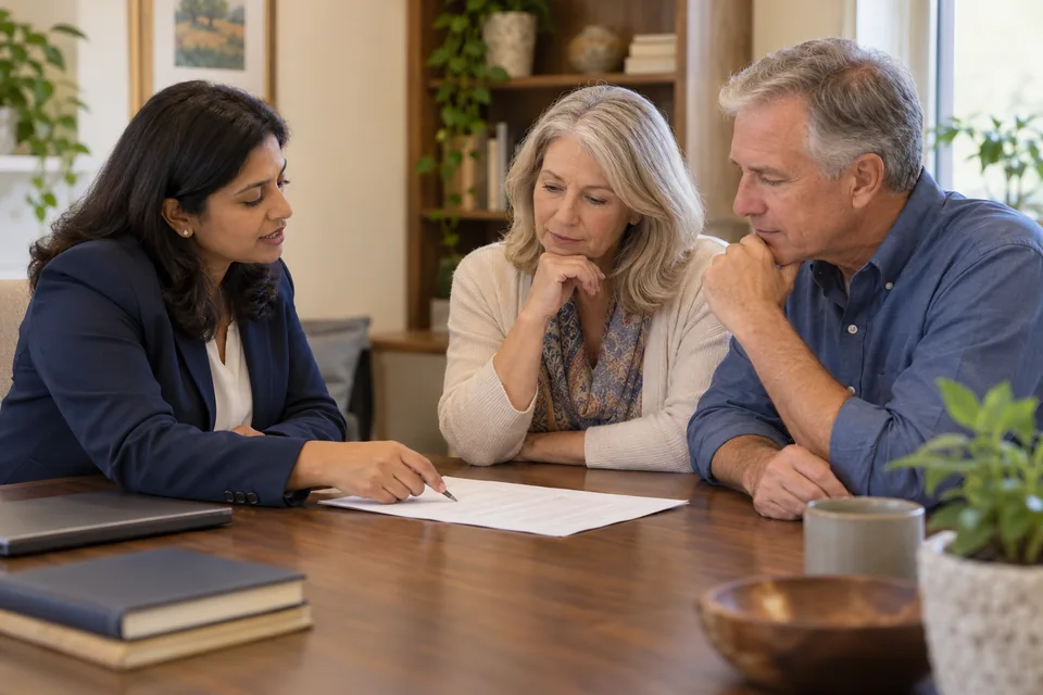 A professional discussing a document with a couple in a welcoming office