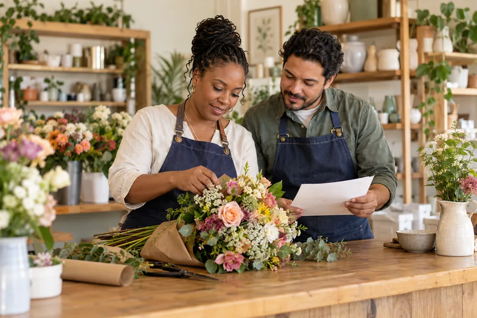A neighborhood shop owner and colleague reviewing an order together